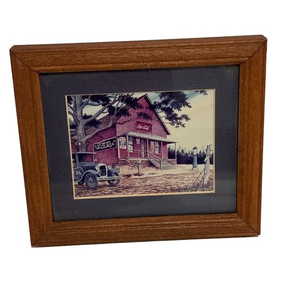 Vintage Coca Cola Wall Decor Picture Wood Frame Gas Station Classic Car 7" - Picture 1 of 13
